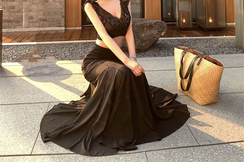 Sleeveless High V-Neck Plain Lace Fishtail Maxi / Waist Top Panel Crop Skirt