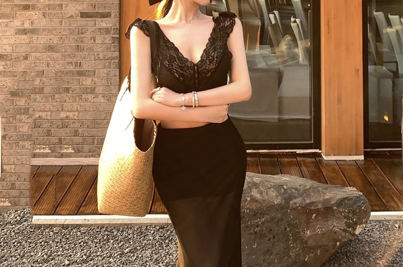Sleeveless High V-Neck Plain Lace Fishtail Maxi / Waist Top Panel Crop Skirt