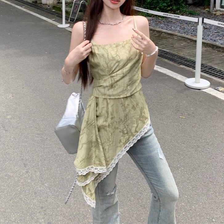 Asymmetrical Print Patterned Lace Top Camisole Trim