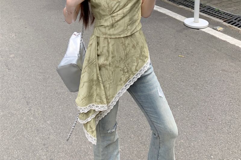 Asymmetrical Print Patterned Lace Top Camisole Trim