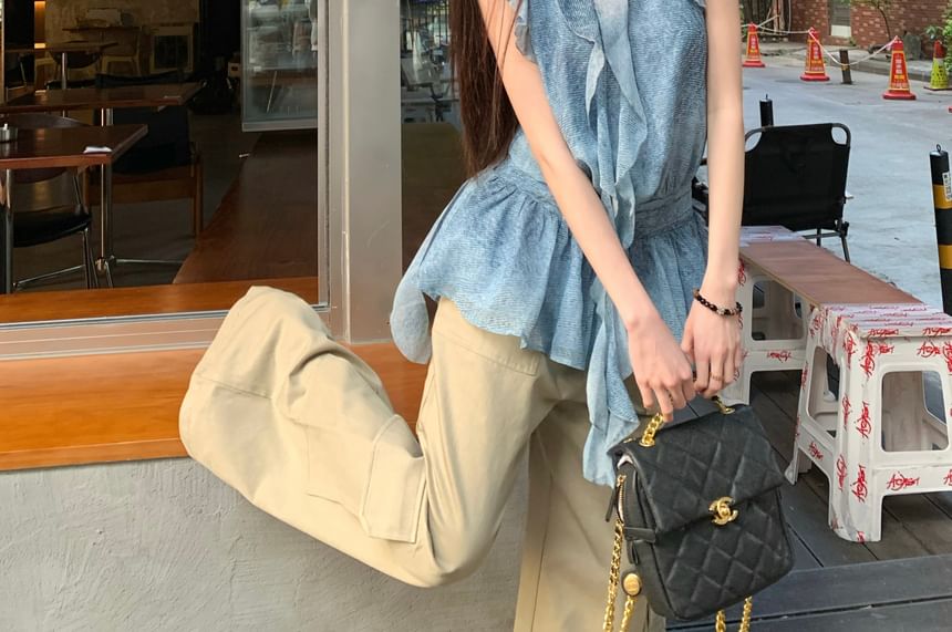 Plain Patterned Leg Waist Cargo Ruffle Top / High Halter Pants Print Wide