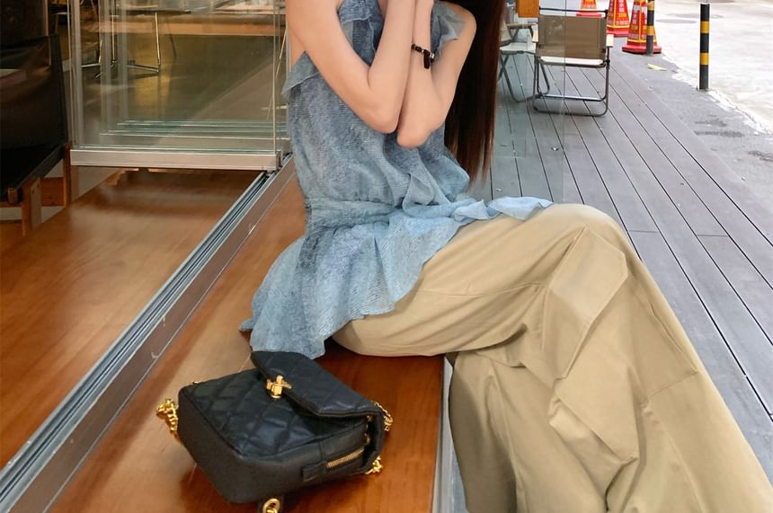 Plain Patterned Leg Waist Cargo Ruffle Top / High Halter Pants Print Wide