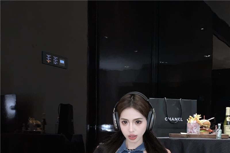 Crop Collared Button Pencil Skirt Waist High Vest Washed / Denim Mini