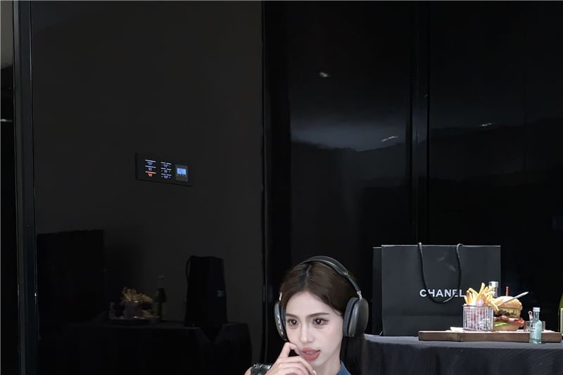 Crop Collared Button Pencil Skirt Waist High Vest Washed / Denim Mini