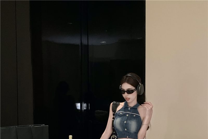 Crop Collared Button Pencil Skirt Waist High Vest Washed / Denim Mini