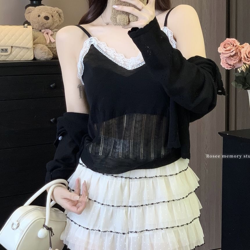Neck + Round Plain Lace V-Neck Set: Trim Top Camisole Cardigan Knit