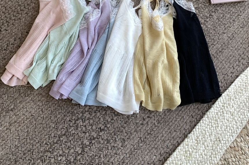 Neck + Round Plain Lace V-Neck Set: Trim Top Camisole Cardigan Knit