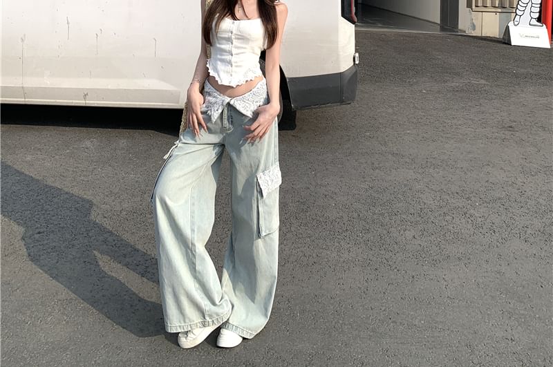 Leg Panel Cargo Button Mid Top Waist Plain Washed / Jeans Cami Wide Lace