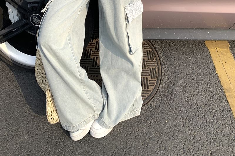 Leg Panel Cargo Button Mid Top Waist Plain Washed / Jeans Cami Wide Lace