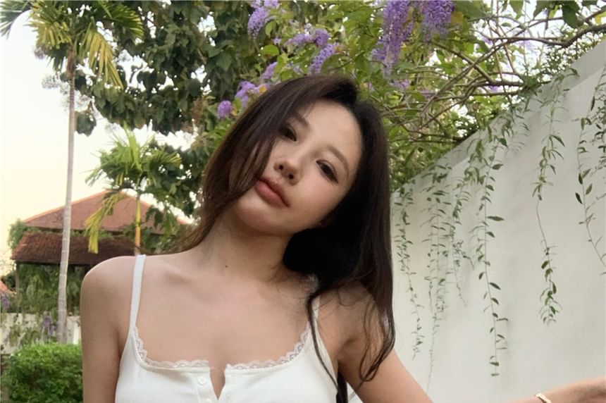 Plain Crop Top Cami Trim Lace Henley