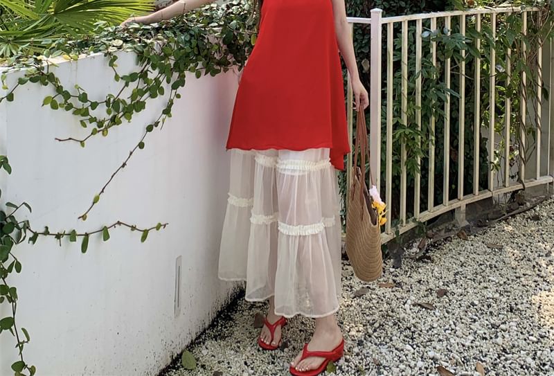 Skirt High Halter Mesh / Maxi Mini Tiered Plain Rise Dress A-Line