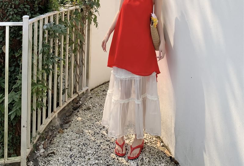 Skirt High Halter Mesh / Maxi Mini Tiered Plain Rise Dress A-Line