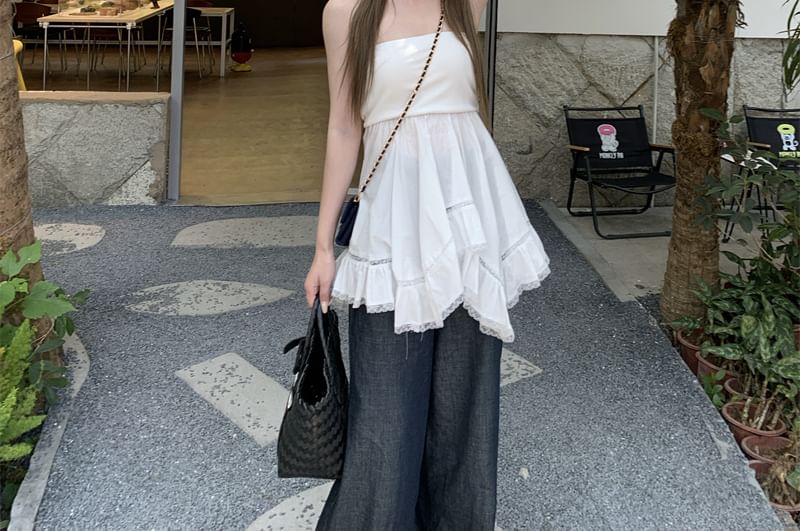 Lace Plain Trim Tube Top Ruffle