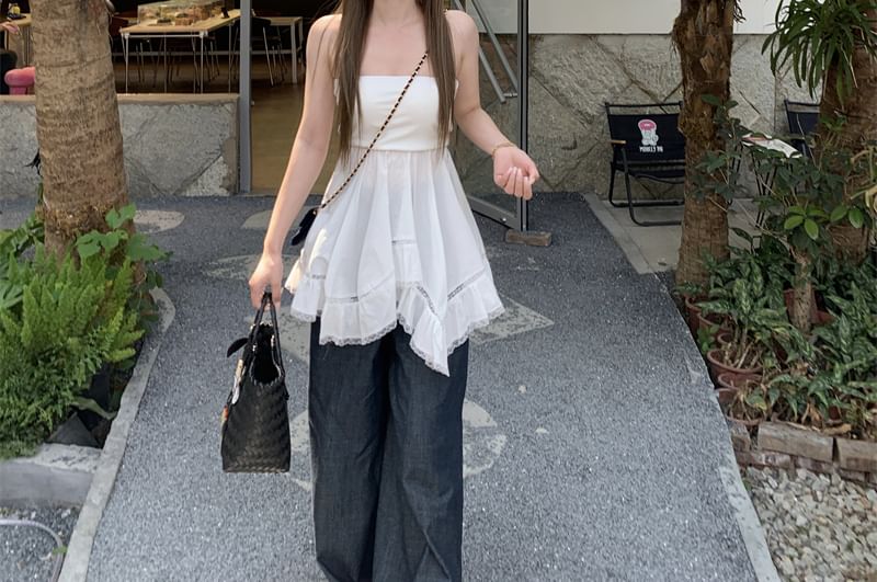 Lace Plain Trim Tube Top Ruffle