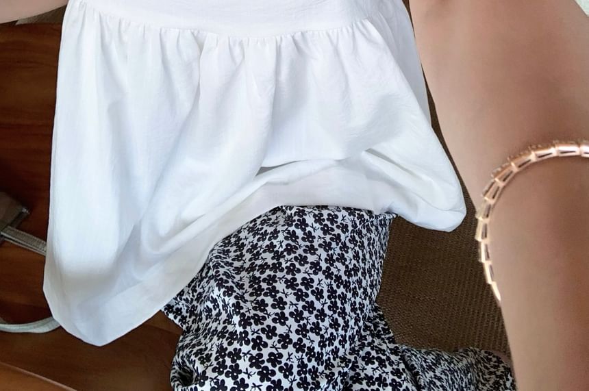 Waist Top Plain Wide Notch Camisole Neck Pants / Leg Floral Print High