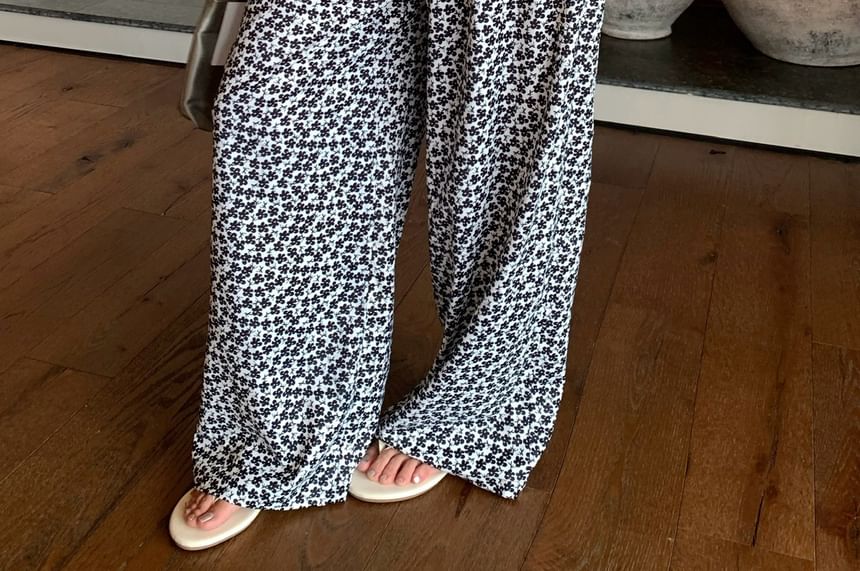 Waist Top Plain Wide Notch Camisole Neck Pants / Leg Floral Print High