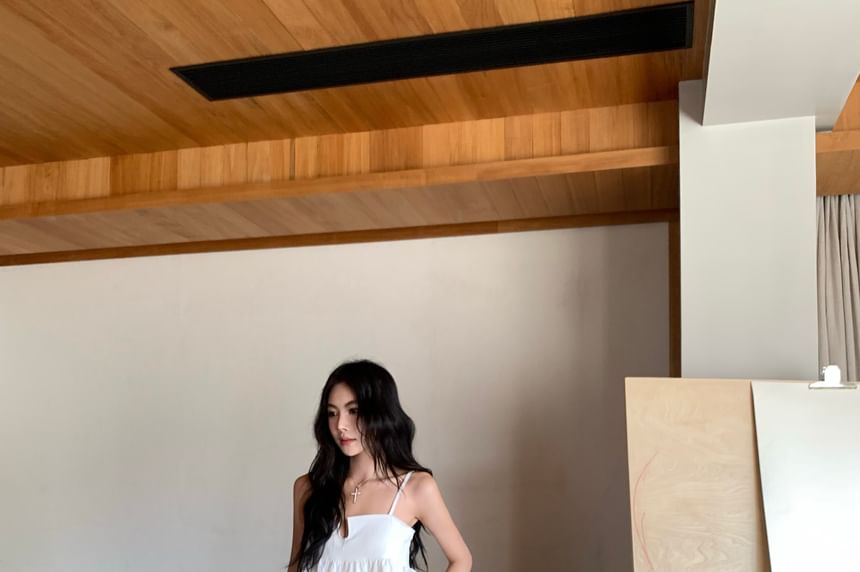 Waist Top Plain Wide Notch Camisole Neck Pants / Leg Floral Print High