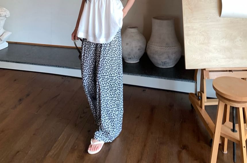 Waist Top Plain Wide Notch Camisole Neck Pants / Leg Floral Print High