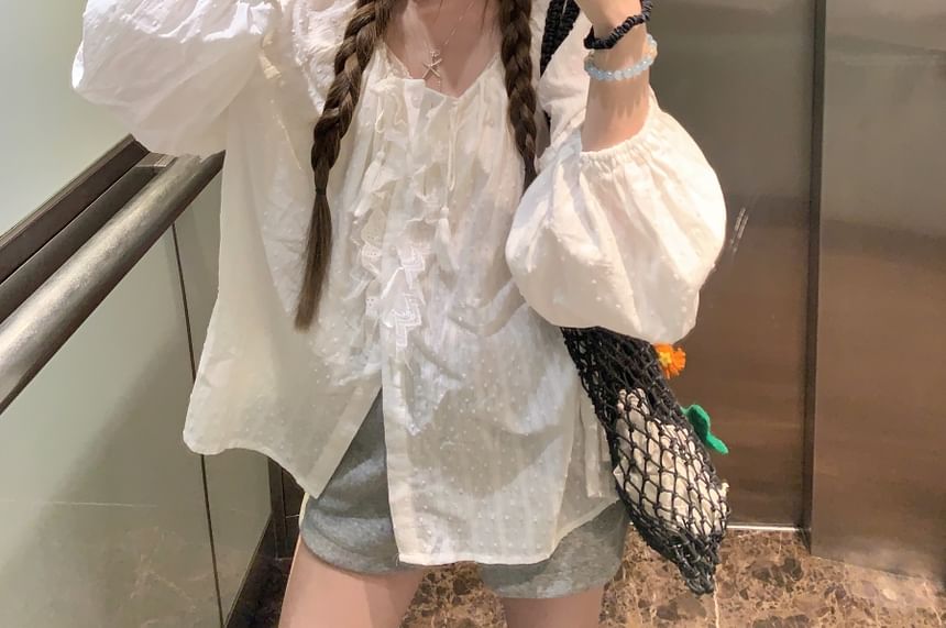 Sleeve Ruffle Blouse Plain Round Long Neck