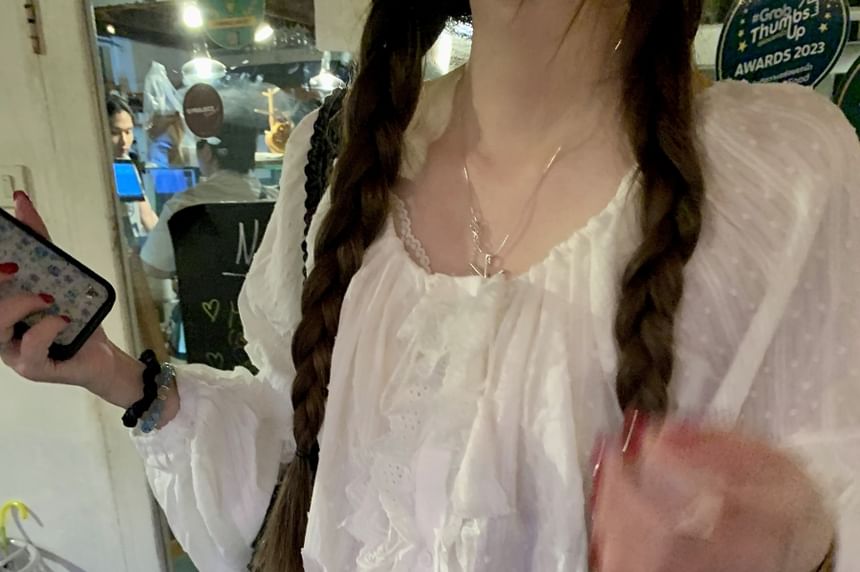 Sleeve Ruffle Blouse Plain Round Long Neck