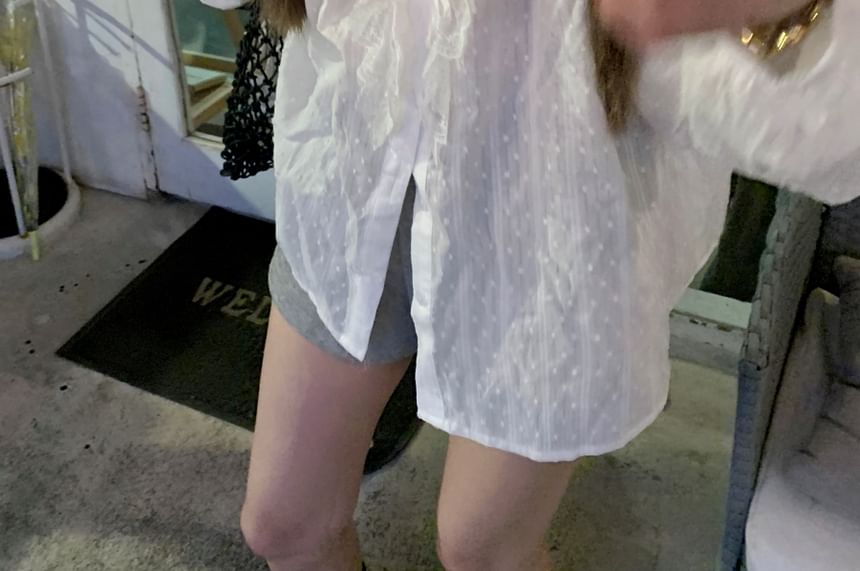 Sleeve Ruffle Blouse Plain Round Long Neck