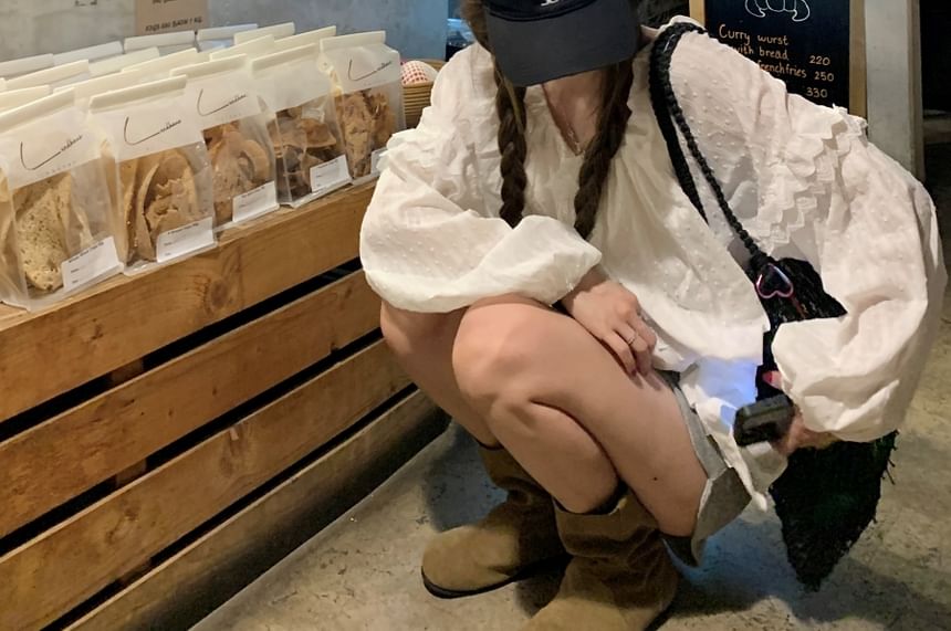 Sleeve Ruffle Blouse Plain Round Long Neck