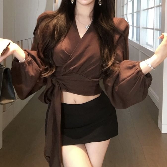 Wrap V-Neck Blouse Long Sleeve Plain Crop