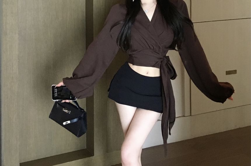 Wrap V-Neck Blouse Long Sleeve Plain Crop