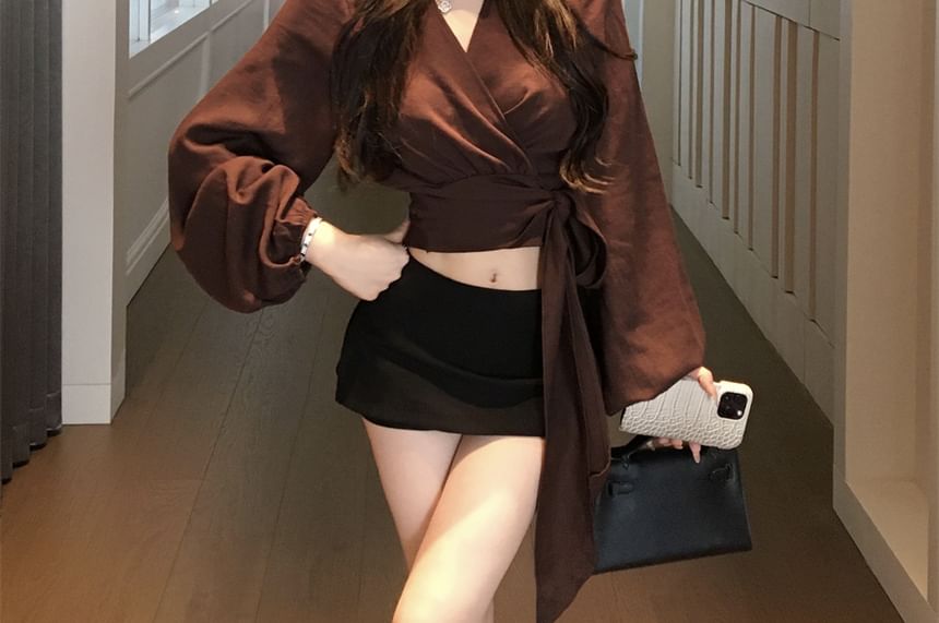 Wrap V-Neck Blouse Long Sleeve Plain Crop