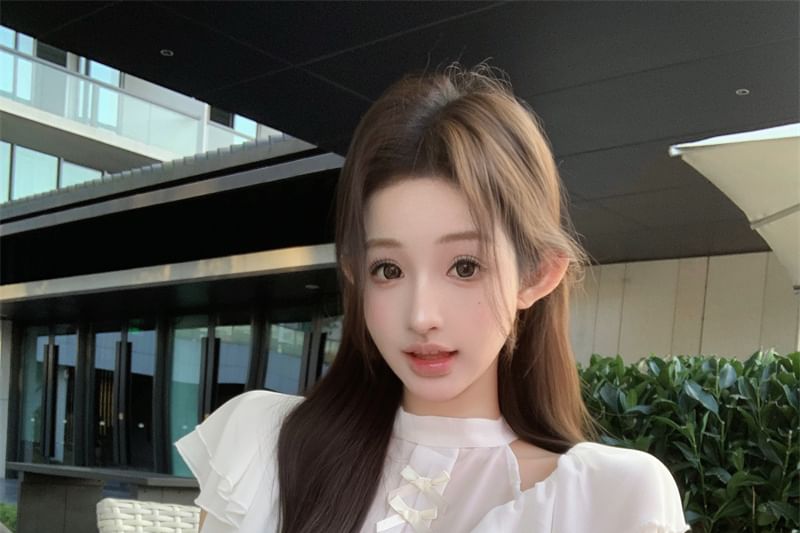 Blouse High Bow Mock Maxi Skirt Fishtail Rise Neck Ruffle Panel Cap Sleeve Plain /