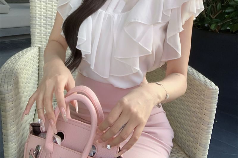 Blouse High Bow Mock Maxi Skirt Fishtail Rise Neck Ruffle Panel Cap Sleeve Plain /