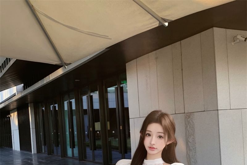 Blouse High Bow Mock Maxi Skirt Fishtail Rise Neck Ruffle Panel Cap Sleeve Plain /