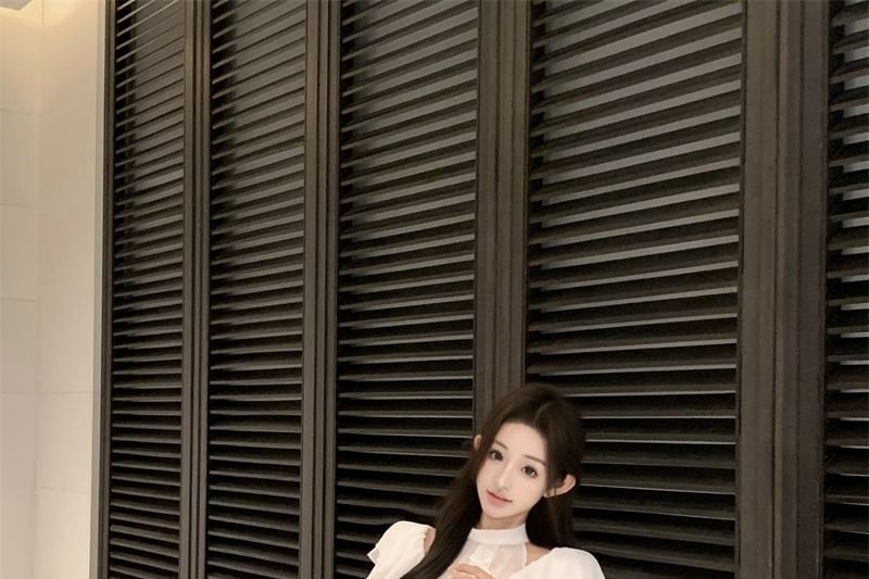 Blouse High Bow Mock Maxi Skirt Fishtail Rise Neck Ruffle Panel Cap Sleeve Plain /