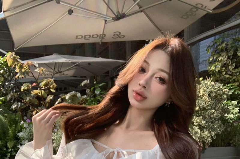 Trim V-Neck Ruffle Long Plain Blouse Front Sleeve Mini Lace Pencil Tie / Skirt