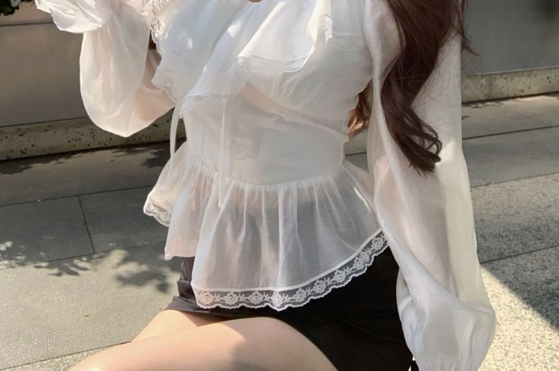 Trim V-Neck Ruffle Long Plain Blouse Front Sleeve Mini Lace Pencil Tie / Skirt