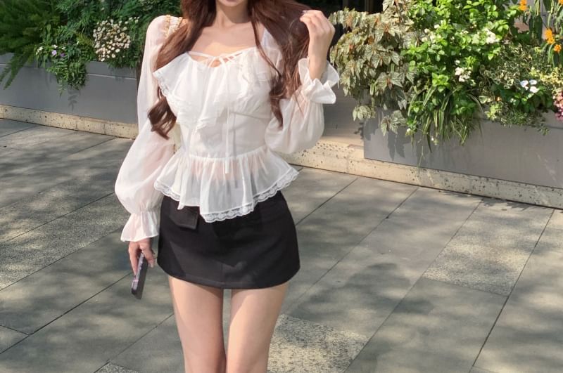 Trim V-Neck Ruffle Long Plain Blouse Front Sleeve Mini Lace Pencil Tie / Skirt