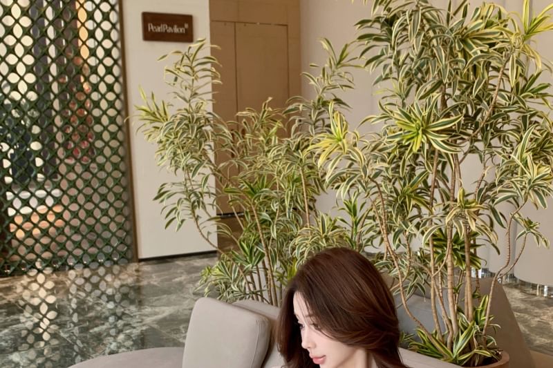 Trim V-Neck Ruffle Long Plain Blouse Front Sleeve Mini Lace Pencil Tie / Skirt