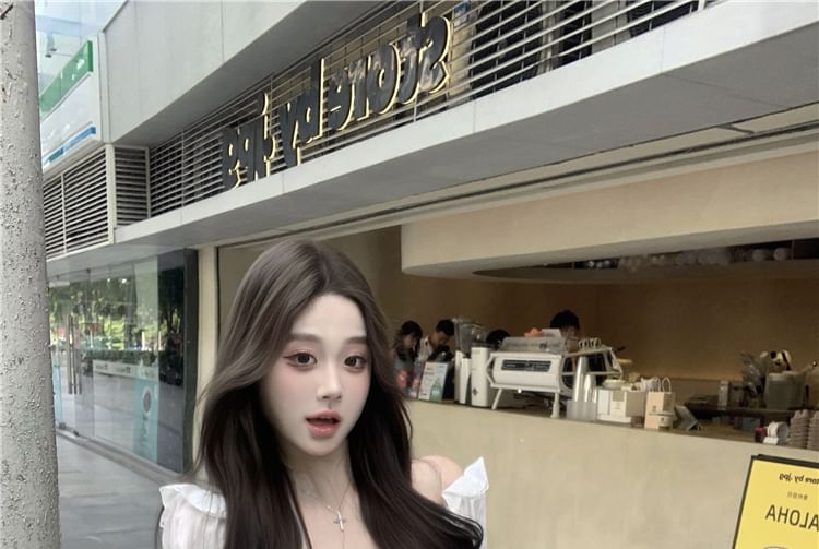 Long Sleeve V-Neck Plain Bow Ruffle Blouse