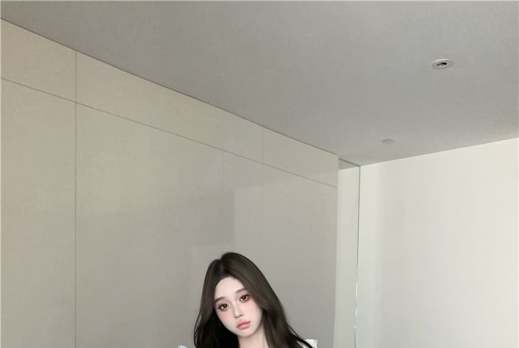 Long Sleeve V-Neck Plain Bow Ruffle Blouse