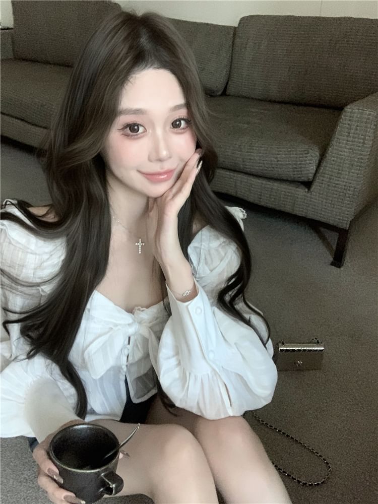 Long Sleeve V-Neck Plain Bow Ruffle Blouse