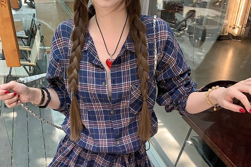 Sleeve Collared Tie-Up Long Plaid Shirt