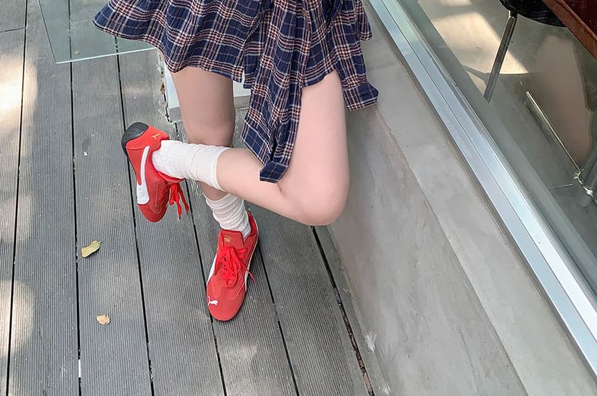 Sleeve Collared Tie-Up Long Plaid Shirt