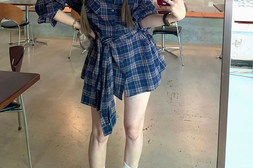 Sleeve Collared Tie-Up Long Plaid Shirt