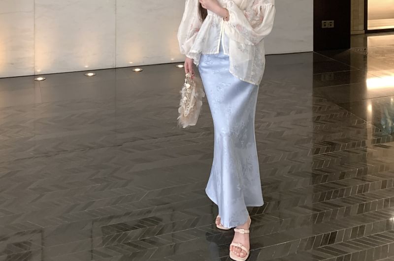 Blouse Jacquard Collar Set Sleeve Peplum Fishtail Long Waist / High Floral Print Stand Camisole Maxi Plain Skirt