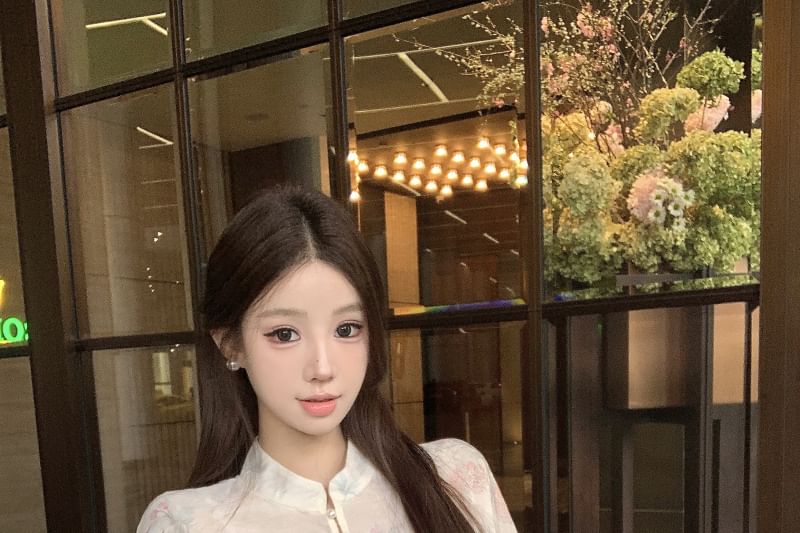 Blouse Jacquard Collar Set Sleeve Peplum Fishtail Long Waist / High Floral Print Stand Camisole Maxi Plain Skirt