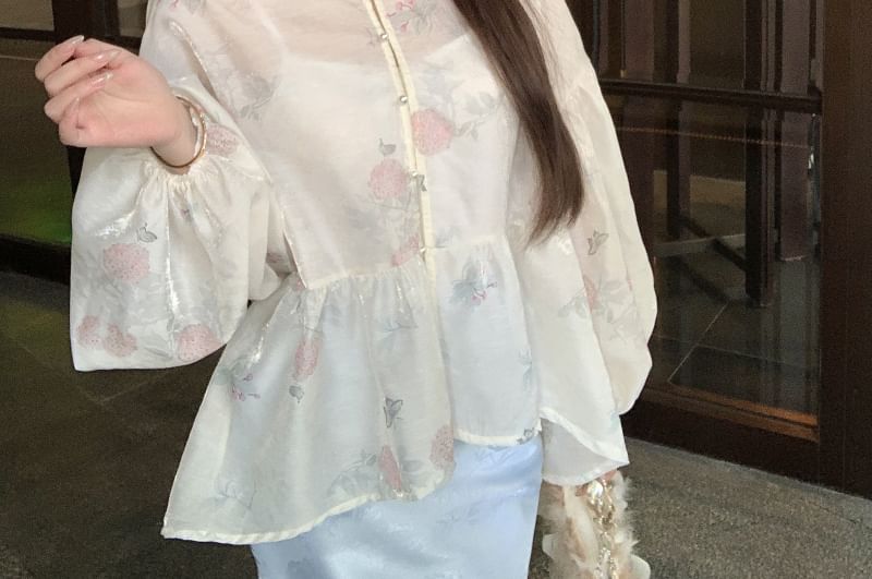 Blouse Jacquard Collar Set Sleeve Peplum Fishtail Long Waist / High Floral Print Stand Camisole Maxi Plain Skirt