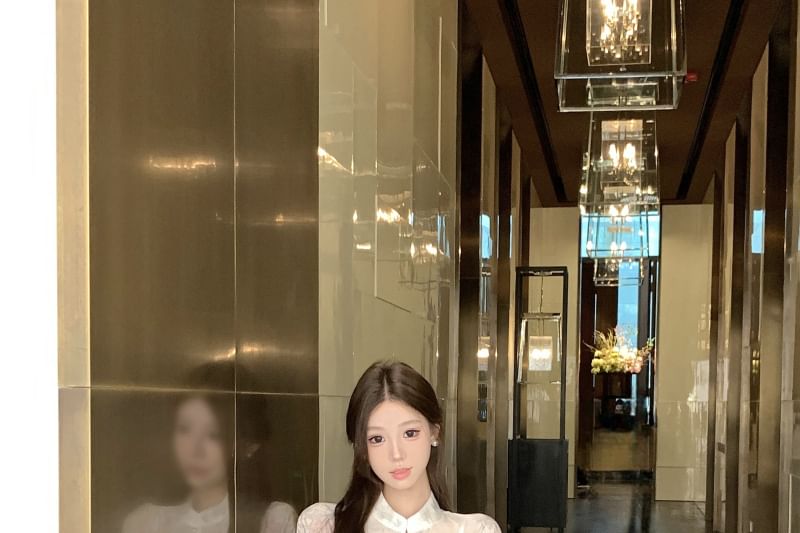 Blouse Jacquard Collar Set Sleeve Peplum Fishtail Long Waist / High Floral Print Stand Camisole Maxi Plain Skirt