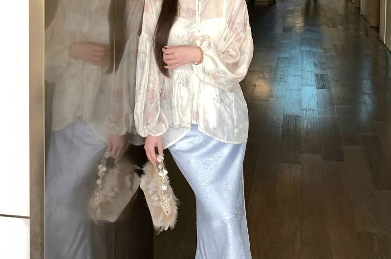 Blouse Jacquard Collar Set Sleeve Peplum Fishtail Long Waist / High Floral Print Stand Camisole Maxi Plain Skirt