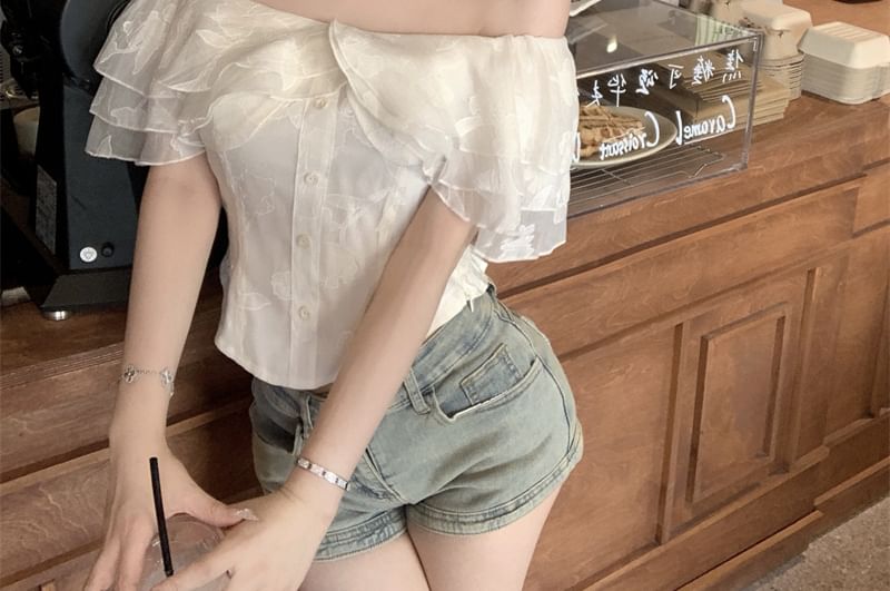 Shoulder Blouse Off Ruffle Sleeve Plain Short