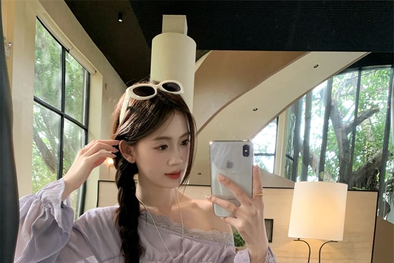 Lace One Long Shoulder Trim Blouse Plain Panel Sleeve